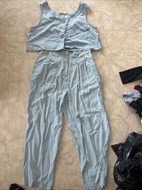 OAK + FORT Pale Blue Cropped Button-Front Jumpsuit Set